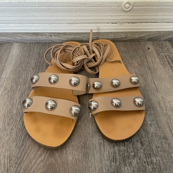 Womens Beige Studded Padded Bryony Round Toe Lace-Up Leather Sandals Shoes - Picture 2 of 3